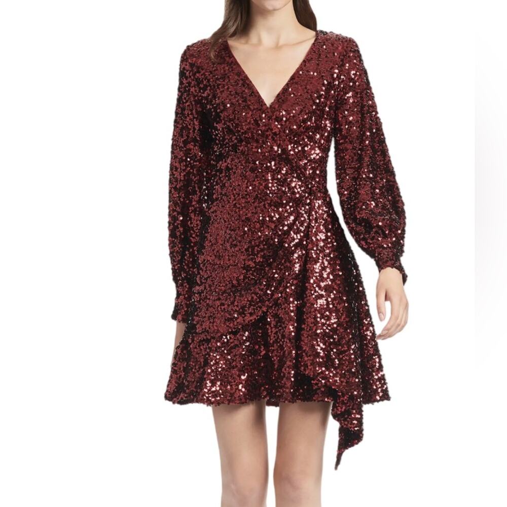 Sachin & Babi Delaney Sequin Long Sleeve Faux Wrap Cocktail Mini Dress Sz 10